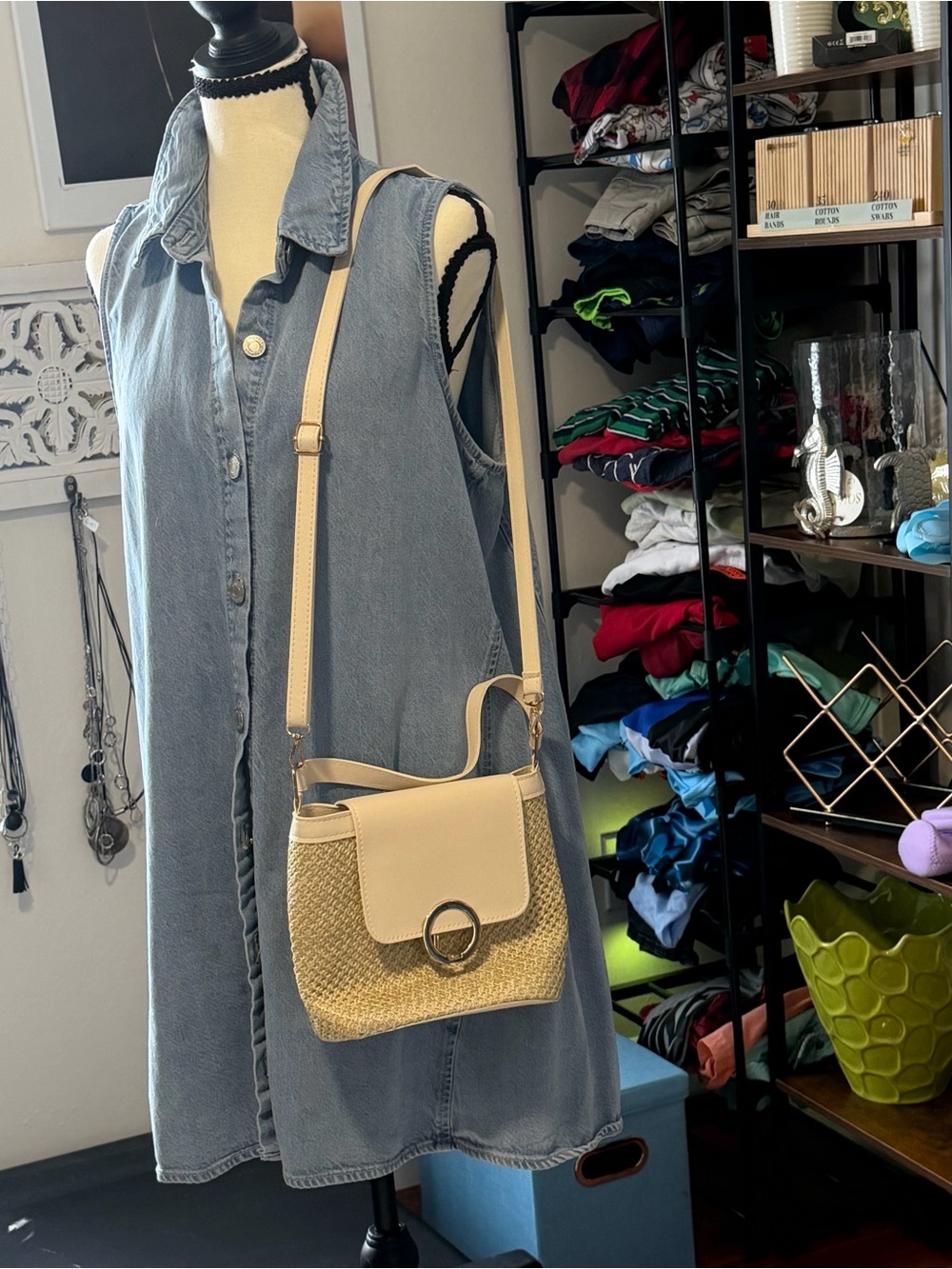 Cream Woven Crossbody Bag with Ring Accent